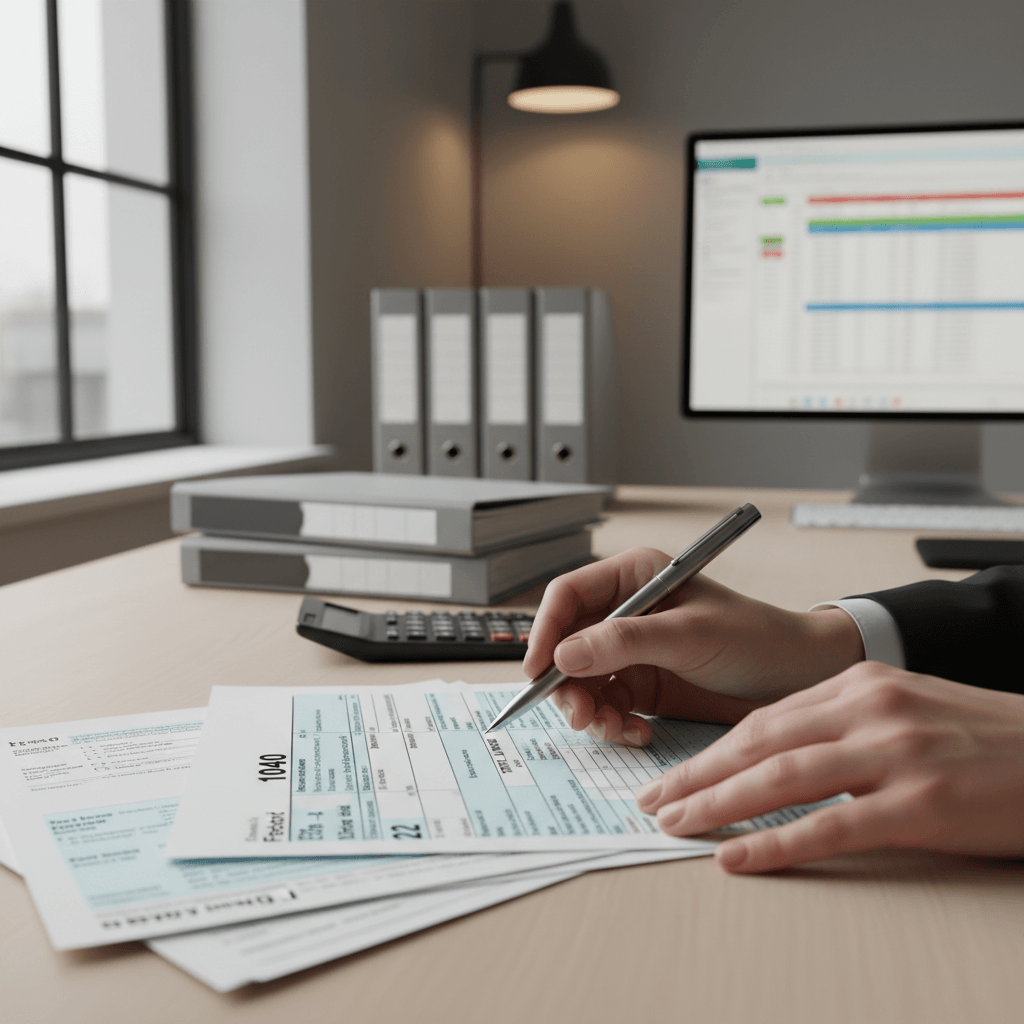 Accountant's hands reviewing tax forms and financial documents at a wooden desk with natural light Accountant's hands reviewing tax forms and financial documents at a wooden desk with natural light